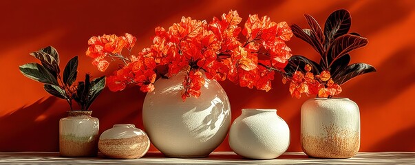 Decorative ceramic vases with red foliage on an orange background, minimalist still life