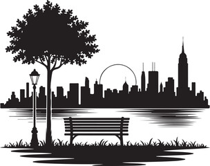 Obraz premium Silhouette of city skyline across water with park bench tree and lamp post on foreground bank