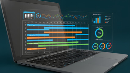 Laptop displaying project management dashboard with colorful graphs