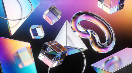 Abstract 3D Glass Geometric Shapes with Iridescent Holographic Colors