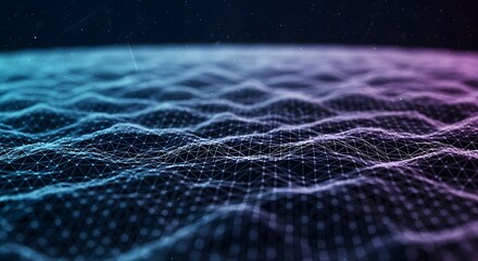 Abstract digital network grid surface flowing in undulating waves against a dark cosmic background with scattered lights
