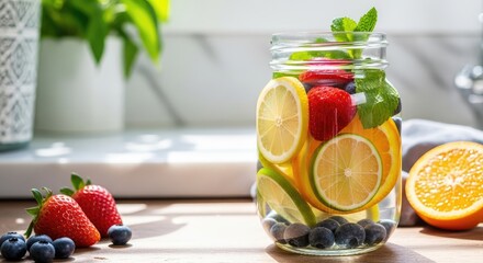 Fresh fruit infused water with mint in a mason jar on wooden table