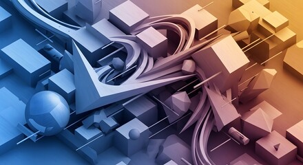 Abstract three dimensional geometric composition featuring complex overlapping shapes with a vibrant blue to orange color gradient background