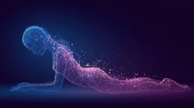 Abstract digital representation of a person in a yoga pose against a dark background