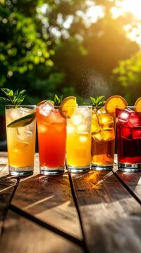 Assortment of colorful fresh cocktails on wooden table in sunlight, garnished with orange slices and mint leaves, refreshing drinks