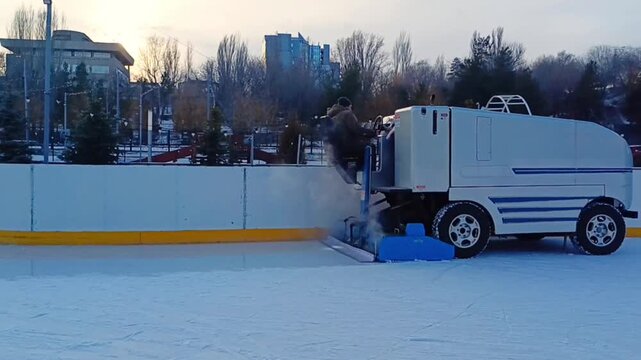 
An ice harvester fills the ice at the city skating rink. The ice filling machine drives around the ice rink and renews the ice coating