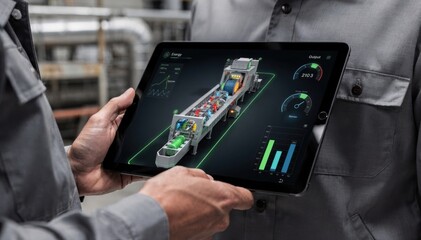 Medium shot of a person holding a tablet presenting an interactive digital twin visualization of a narrow mill focusing on energy efficiency and output monitoring in a compact