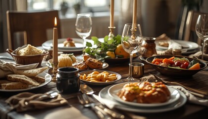 Fototapeta premium A beautifully set dining table with a variety of food and wine glasses in a warm and inviting atmosphere.