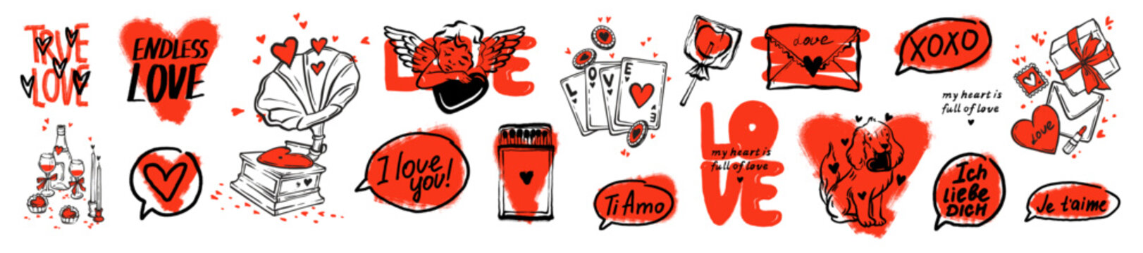 Love doodle sticker, romantic Valentine day heart whimsical illustration, vector hand drawn scribble. Cute amore celebration holiday symbol set, cupid quote February cartoon print. Love doodle element