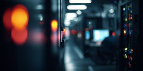Abstract bokeh view of a dark server room aisle with colorful lights and a systems manager working on a screen, concept for cybersecurity, digital transformation and cloud computing infrastructure