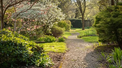Fototapeta premium Step into a world where cherry blossoms dance in the gentle breeze, tulips paint the ground in vivid hues of pink, purple and yellow, and lush grass carpets every corner of the spring garden. This col
