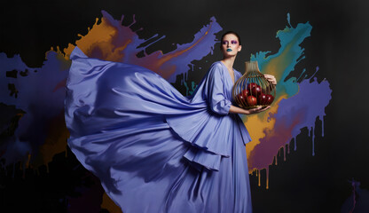 Fototapeta premium Fashion portrait of elegant woman in couture dress with surreal abstract paint background. Art Backdrop