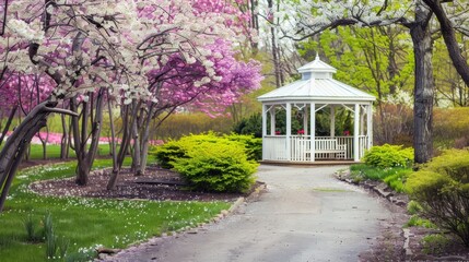 Obraz premium Step into a world where cherry blossoms dance in the gentle breeze, tulips paint the ground in vivid hues of pink, purple and yellow, and lush grass carpets every corner of the spring garden. This col