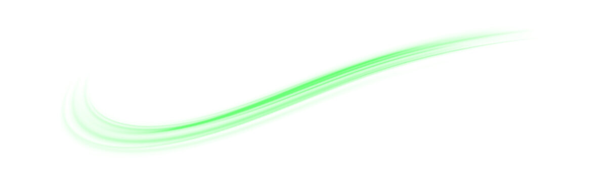 Futuristic neon speed green streaks move along a city highway. Light trails, energy swirls, and motion lines form wave patterns, depicting dynamic traffic flow. Vector illustration PNG.