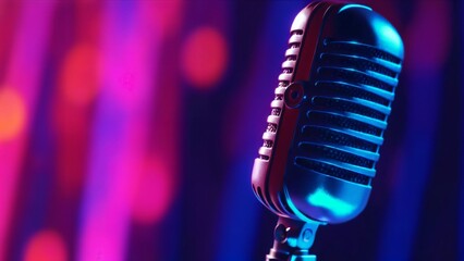 Close-Up of Microphone with Vibrant Lights &mdash; Purple and Pink Tones