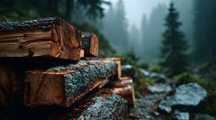 Naklejka premium Stack of cut timber logs with rough bark textures, set against a moody misty pine forest background with deep greens and atmospheric fog.