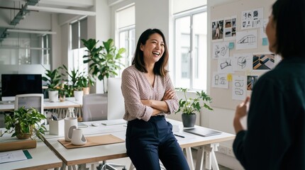 Asian woman leaning against desk and laughing with colleague in bright creative office. Business teamwork and happy corporate culture banner with copy space