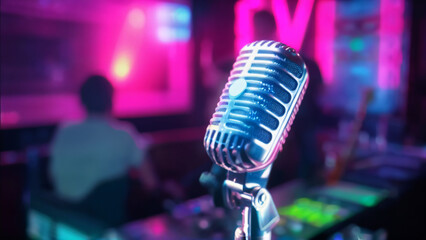 Bright Blue Microphone in DJ Club Environment