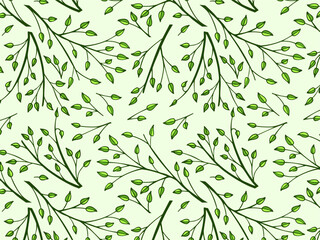 Spring soft, muted seamless background, frame of floral tree branch, leaves, plants. Elegant, stylish elements for Decoration. Hand drawing doodles of vintage botanical elements