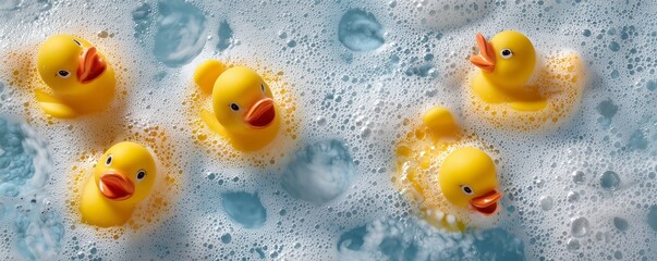 Five yellow rubber ducks floating in bubbly blue bath water surrounded by thick white foam, concept for children's bath products, relaxation advertisements and playful background graphics