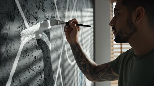 Man painting textured wall