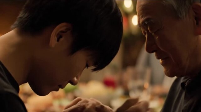 Honor Thy Father and Mother &mdash; A son bows to kiss his parents&rsquo; hands at a warm hearth-lit feast; golden light crowns their aged faces in a tender, photorealistic moment of reverence and love.