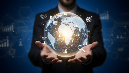 Businessman presenting global business strategy with innovative technology