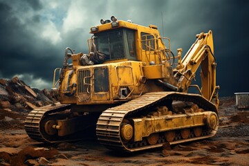 Yellow excavator sitting on exposed dirt, ready for operation under a cloudy sky