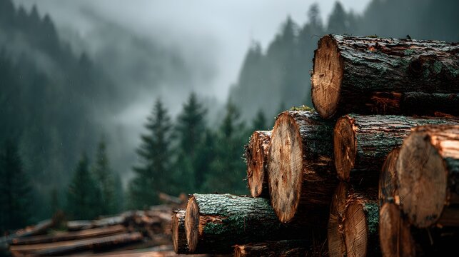 Stack of cut timber logs with rough bark textures, set against a moody misty pine forest background with deep greens and atmospheric fog.
