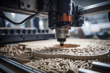 Cnc router cutting detailed pattern on wooden board in industrial workshop
