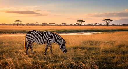 Single zebra grazes peacefully in golden savanna grass during a beautiful warm sunset across the wide plains