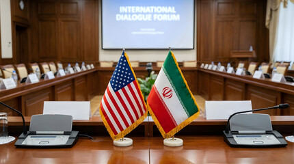 International dialogue forum held in a conference room with flags of the United States and Iran in view during discussions on key issues Generative AI