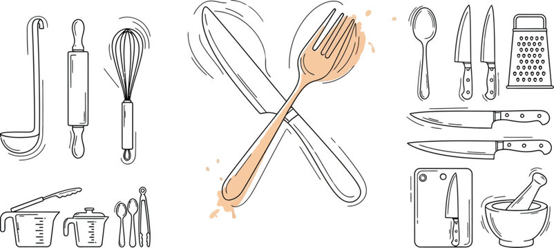 Diverse collection of hand drawn kitchen utensils and cooking tools featuring whisks ladles knives forks measuring cups and a mortar pestle