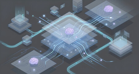 Isometric Artificial Intelligence Concept with Neural Network Brain and Digital Data Processing