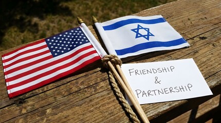 Flags of the United States and Israel with a sign showing friendship and partnership placed on a wooden surface during a gathering or event in an outdoor setting Generative AI