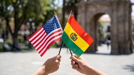 Hands hold American and Bolivian flags in a public square during a cultural celebration in a city with historical architecture and clear skies Generative AI