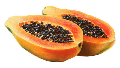 Close-up of a halved tropical fruit displaying vivid colors and numerous black seeds