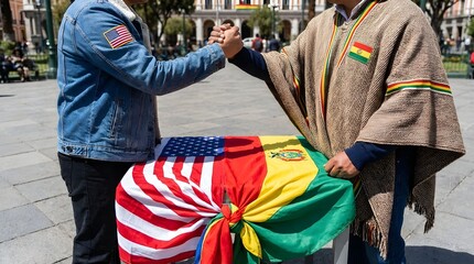 Two men shake hands in a public square while standing near flags of Bolivia and the United States in a display of friendship and cooperation during a sunny day Generative AI