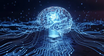 Digital representation of artificial intelligence processing information through complex neural pathways connected to a central futuristic microchip concept