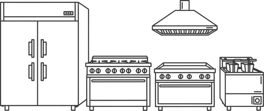 Simple line art illustration depicts essential commercial kitchen equipment setup including a large refrigerator range ovens ventilation hood and deep fryer unit.