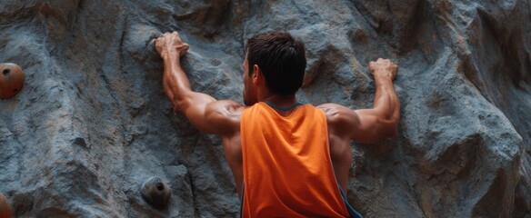 dude scaling a tough outdoor climbing wall for fun