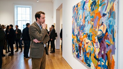 Caucasian man in tweed jacket standing in art gallery and looking thoughtfully at colorful abstract painting. Cultural lifestyle and art appreciation
