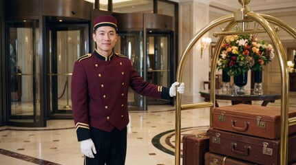 Fototapeta premium Asian man bellhop wearing maroon uniform and hat standing next to luggage cart with suitcases in luxury hotel lobby. Hospitality service and travel vacation banner with copy space
