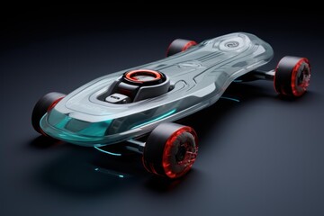 Futuristic electric concept skateboard showing advanced technology and innovative design on a dark background