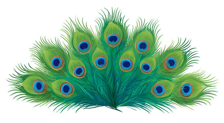Obraz premium Digitally created illustration of vibrant peacock feathers arranged in a stylized, fan-like display