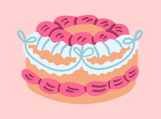 Flat style illustration of round pink and peach layer cake decorated with piped frosting, ribbon-like icing, and macaron border, perfect for Valentine s Day cards, bakery branding, and sweet