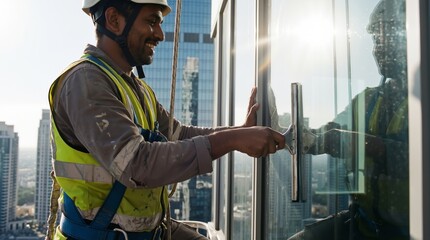 Smiling indian man industrial climber wearing helmet and safety harness cleaning skyscraper window with squeegee. Professional maintenance service and dangerous job at height