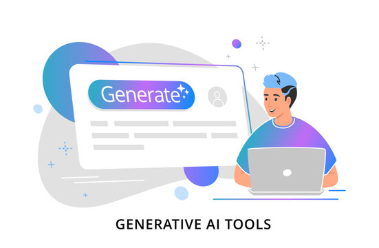 AI generative online tools and services for users. Flat gradient vector illustration of happy teenager sitting with laptop and using generative ai tools online 