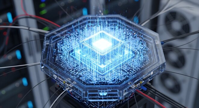 Glowing blue holographic central processing unit chip radiating intense digital energy within a high technology server room environment - Powered by Adobe