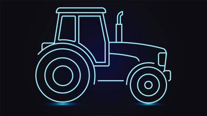 Glowing neon tractor line art on dark blue background with cyan outline ideal for agriculture farming machinery service posters banners apps and branding design marketing templates © Town GFX